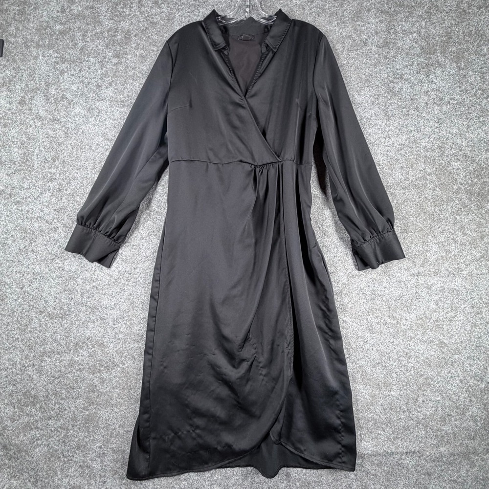 Halogen Satin Shirt Dress Womens XL Black V-Neck Long Sleeve Classic Midi Length